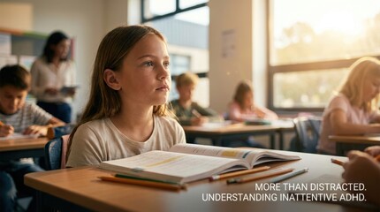 Obraz premium Young girl with ADHD in classroom setting, focused on her studies while classmates engage in various activities at desks with books and stationery visible