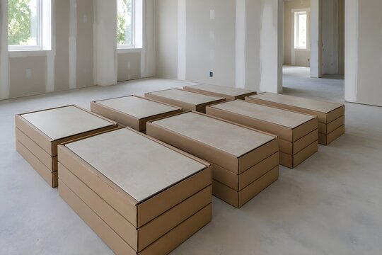 Rows Of Uninstalled Ceramic Floor Tiles Resting In Generic Cardboard Boxes On Clean Construction Site
