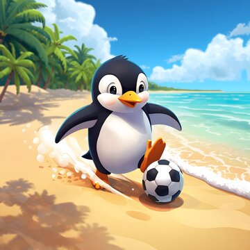 Energetic penguin performs dynamic freestyle soccer tricks on a tropical beach