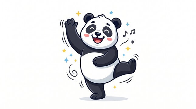 Happy cartoon panda dancing with music notes and stars. Cute smiling panda bear character, kawaii animal vector illustration, cheerful mascot, flat style.