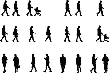 Naklejka premium Silhouette walking people, men and women, city lifestyle, family with stroller, casual movement, vector illustration, urban street, everyday posture, shadow
