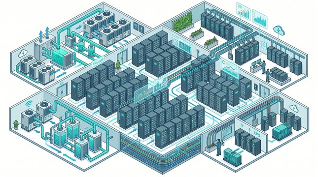 Isometric data center illustration with server racks, cooling systems, power units and network cables. Modern cloud infrastructure vector diagram.