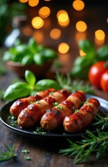 Fototapeta premium Gourmet bacon wrapped sausages with fresh herbs and tomatoes rest on dark plate. Decorated with blurred bokeh lights and green basil leaves, preparing for festive dinner party.