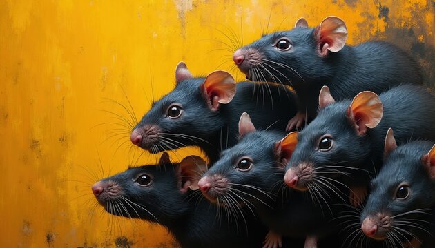 Group of dark gray rats huddle together on textured yellow background. Rodents have pink ears and noses and long whiskers. They look alert and curious. Image relates to World Rat Day celebrations.