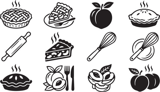 National Peach Pie Day Vector Icon Set with Peach Pies, Pie Slices, Baking Tools and Bakery Elements