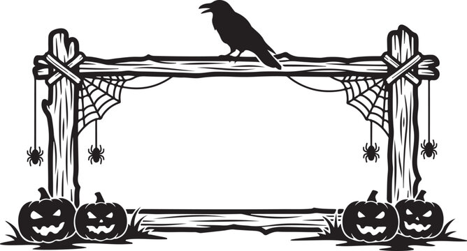 Halloween frame with wooden fence, raven, spiders, cobwebs and spooky jack o lantern pumpkins