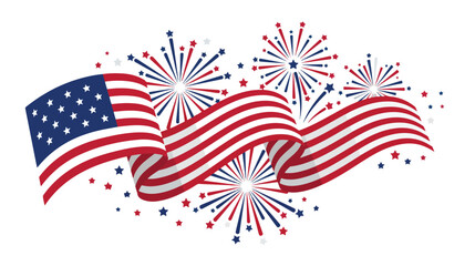 Obraz premium American Flag Ribbon and Fireworks Flat Vector Illustration
