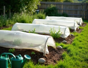 Fototapeta premium Green watering cans sit by row of garden cloches protecting young plants. Soft fabric covers create mini greenhouses for seedlings. Rich grass borders garden bed outdoors on sunny day.