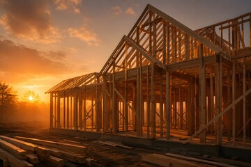 Fototapeta premium Dramatic Sunset Glow Over Residential Wooden Framing Structure In Misty Cinematic Atmosphere Construction Stock Photo