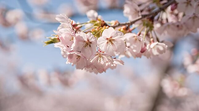 Close up of pink cherry blossom sakura branch blooming against blue sky with falling petals