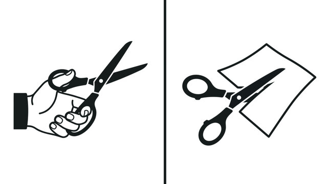 Two black and white illustrations showing a hand holding scissors and scissors cutting paper.