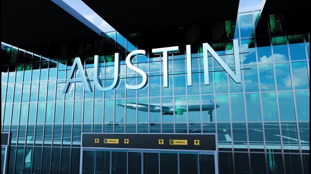 Airlane landing at Austin, USA. Arrival in the city with reflection of airport and aircraft