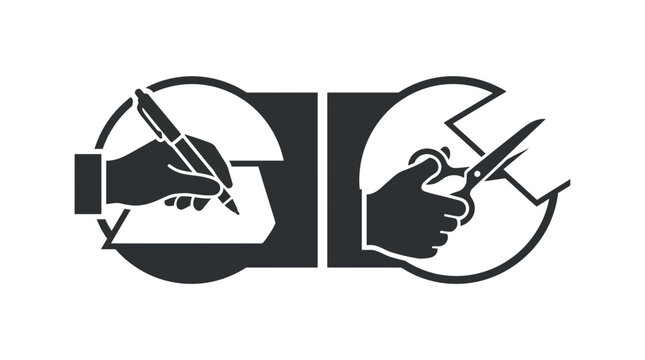 A minimalist icon set featuring a hand writing with a pen and a hand cutting with scissors.