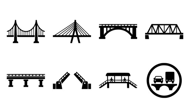 Bridge silhouette vector collection with transportation and engineering icons