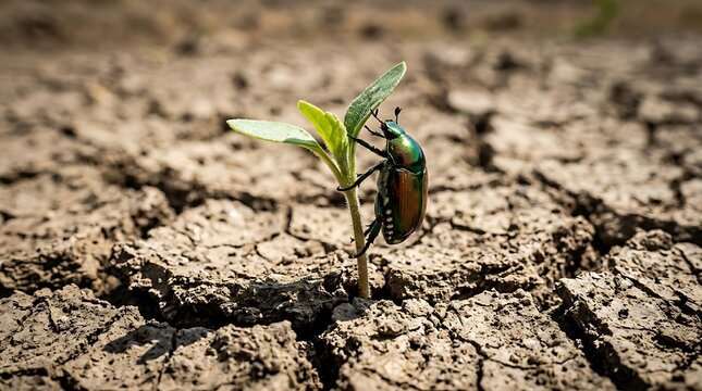 Iridescent beetle climbing a young sprout on cracked parched ground
