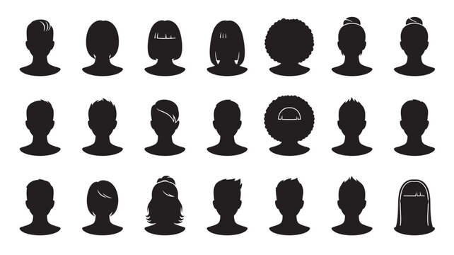 Silhouette Men Avatars Set with Different Hairstyles, Facial Views, and Hair Shapes on a White Background