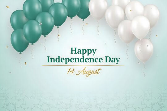 Happy Independence Day 14 August greeting card, green and white balloons on decorative background, festive national holiday celebration banner