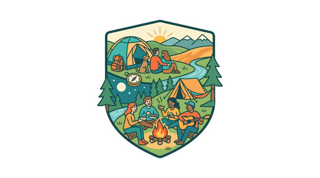 Group of people camping around campfire in forest badge.
