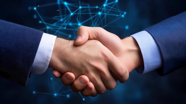 Business handshake with digital network connections symbolizing partnership trust and modern professional collaboration