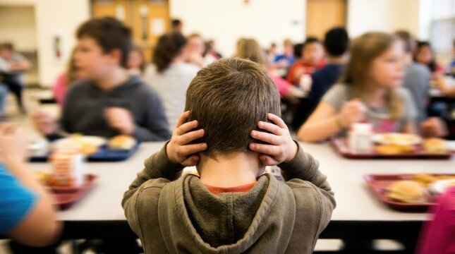 Young boy with hands on ears sitting at school cafeteria table surrounded by classmates, trays of food and busy atmosphere visible in the background