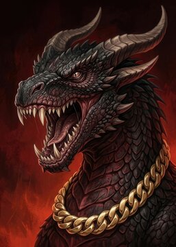 Dark Fantasy Dragon Roaring Wearing Gold Chain