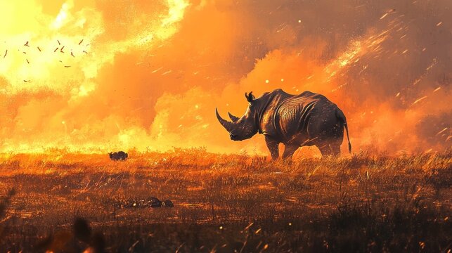Rhino faces wildfire.  A lone rhino stands amidst a raging wildfire, caught in the destructive blaze.  The scene is a powerful image of nature's fury