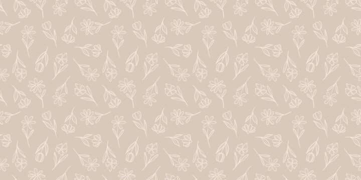 Vintage warm neutral beige flower ditsy print, tiny plants light brown seamless pattern background, pretty floral vector background