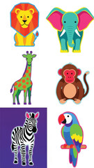 Naklejka premium Whimsical illustrated animals including lion, elephant, giraffe, monkey, zebra, and parrot.
