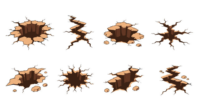 Set of cracked ground holes and fissures in cartoon vector style