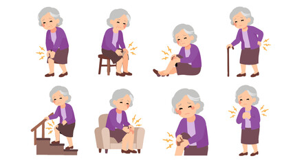 Fototapeta premium Elderly woman with joint pain symptoms set illustration