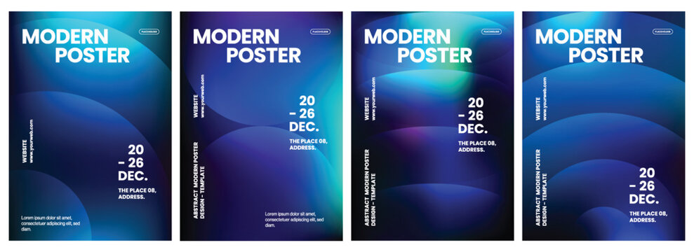 Professional set of four modern event poster templates showcases vibrant blue and purple gradients with abstract circular