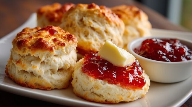 Close up of golden scones with butter and strawberry jam, soft lighting and detailed food photography with cozy bakery concept.
