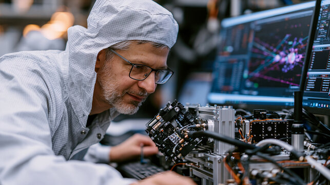 Robotics engineer in a cleanroom facility operates a prototype active debris capture net mechanism attached to a demonstration chassis, trajectory modeling software on adjacent screens showing inter