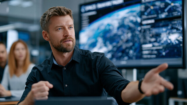 Space startup founders pitch their orbital infrastructure business model to a panel of venture capital partners in a glass-walled conference room, a projected slide showing constellation deployment 