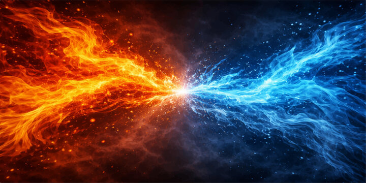 Inferno Versus Glacier Energy Burst: Explosive fire and ice collision background with cinematic elemental power