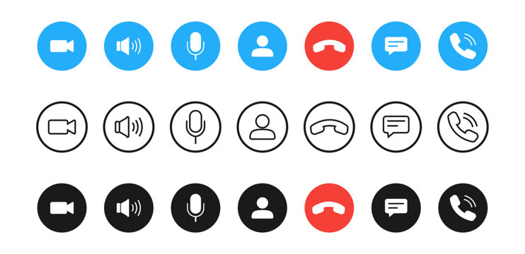 Video call buttons set. Collection of internet conversation buttons. A set of video communication elements.