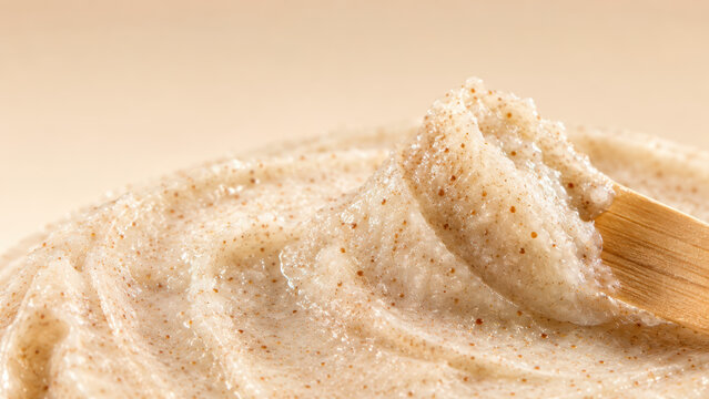 exfoliating scrub texture with wooden spatula on warm beige background