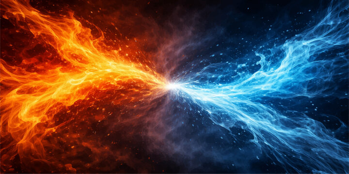 Elemental Fire and Ice Collision: Explosive energy clash background with blazing flames and frozen power
