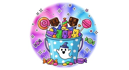 Naklejka premium Colorful Halloween Trick or Treat Bucket Full of Sweets and Candy.