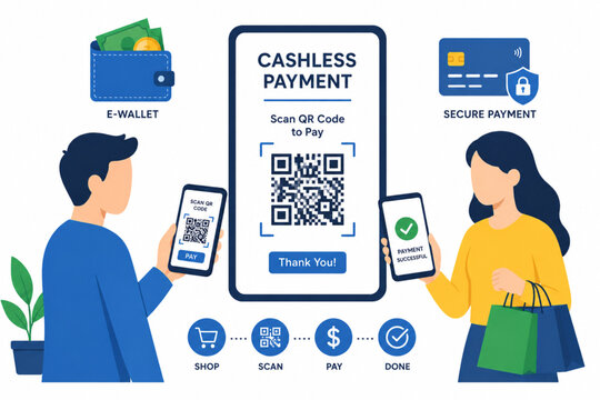 Cashless Payment System with QR Code Scanning, Mobile Wallet and Secure Digital Transaction Flat Vector Illustration
