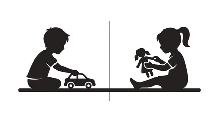 Silhouette illustration of a young boy playing with a toy car and a girl with a doll. © Herli_Rustam