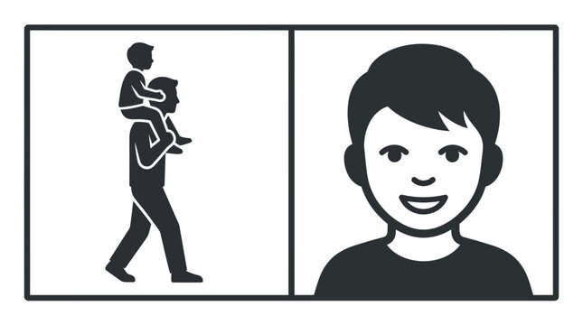 A split screen graphic featuring a silhouette of a father carrying a child and a portrait of a smiling boy.