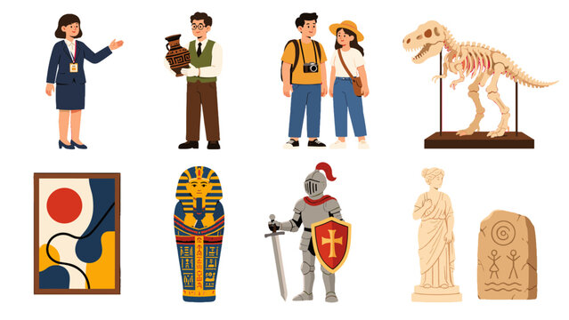 Museum themed vector set with visitors, guide, artifacts and exhibits