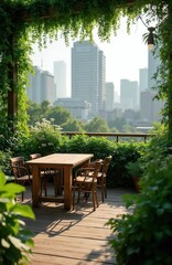Obraz premium Rooftop terrace with wooden table and chairs overlooks city skyline. Lush greenery surrounds outdoor dining area. Urban oasis provides tranquil escape with garden plants and tall buildings.