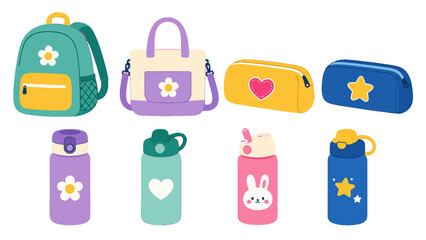 Colorful school bags, pencil cases and water bottles set © Mark