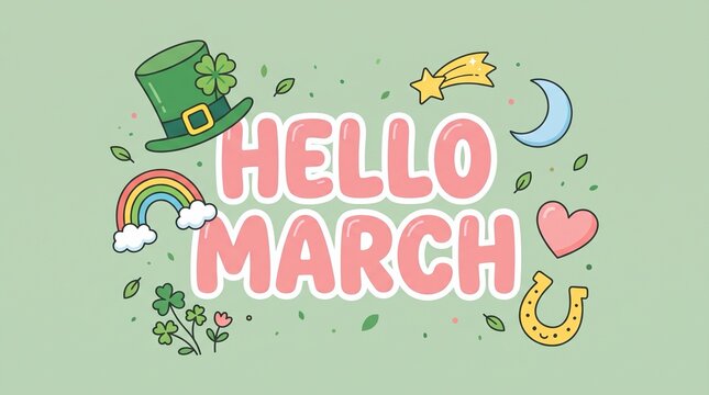 Hello march seasonal greeting card design featuring cute hand drawn saint patrick day elements like green leprechaun hat rainbow clover heart and horseshoe on pastel background