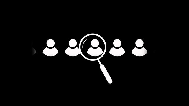 Magnifying glass searching user profile with recruitment and hiring animation on black background with alpha channel. Magnifying glass with person silhouette searching for another person
