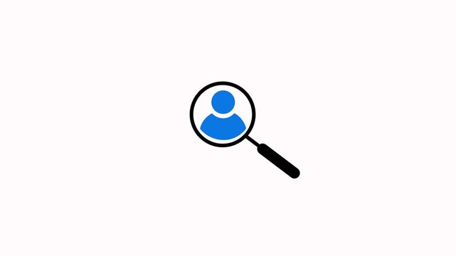 Searching profile by magnifier glass and user icon animation on white background. Magnifying glass with person icon searching user profile or data analysis concept for recruitment and identification