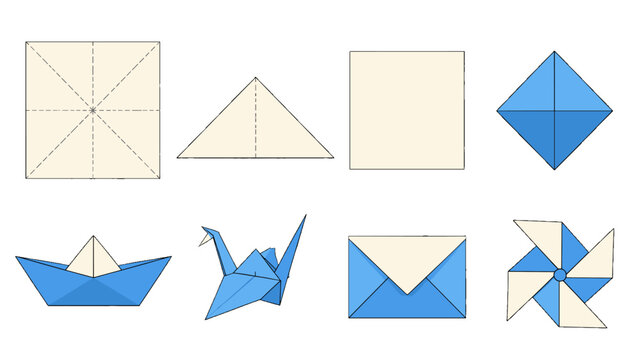 Origami folding steps and paper shapes vector set