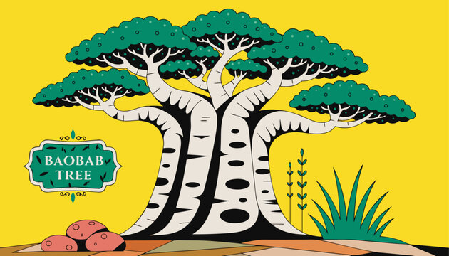 Very beautiful BAOBAB TREE with an enormous sculptural trunk, rich green foliage, African landscape accents, and a decorative botanical label reading "BAOBAB TREE", realistic colorful vector illustrat